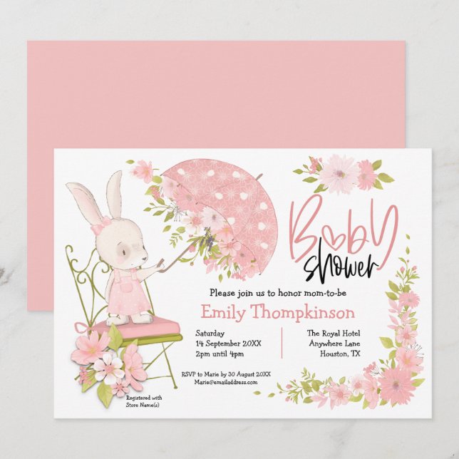 Niedliche Sonnenschirm-Blume Girl Babydusche Einladung (Vorne/Hinten)