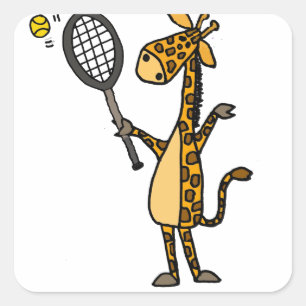 Niedliche Spaß-Giraffe, die Tennis-Cartoon spielt Quadratischer Aufkleber