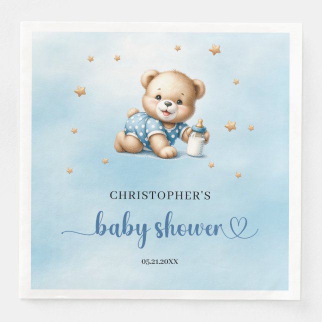 Niedliche spielerische Teddybär, blaue Babydusche Serviette (Vorderseite)