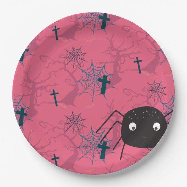 Niedliche Spinnweben und Himbeere, rosa Spinnweben Pappteller (Vorderseite)