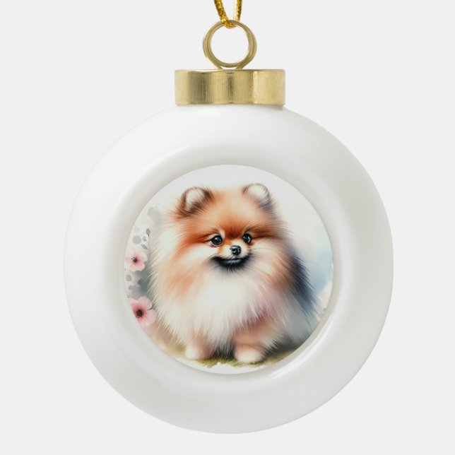 Niedliche Spitz-Aquarelldarstellung Keramik Kugel-Ornament (Vorderseite)
