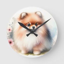 Niedliche Spitz-Aquarelldarstellung Runde Wanduhr
