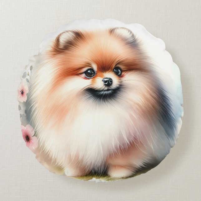 Niedliche Spitz-Aquarelldarstellung Rundes Kissen (Vorderseite)