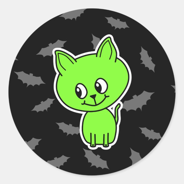 Niedliche Spooky grüne Katze mit Fledermäusen. Runder Aufkleber (Vorderseite)