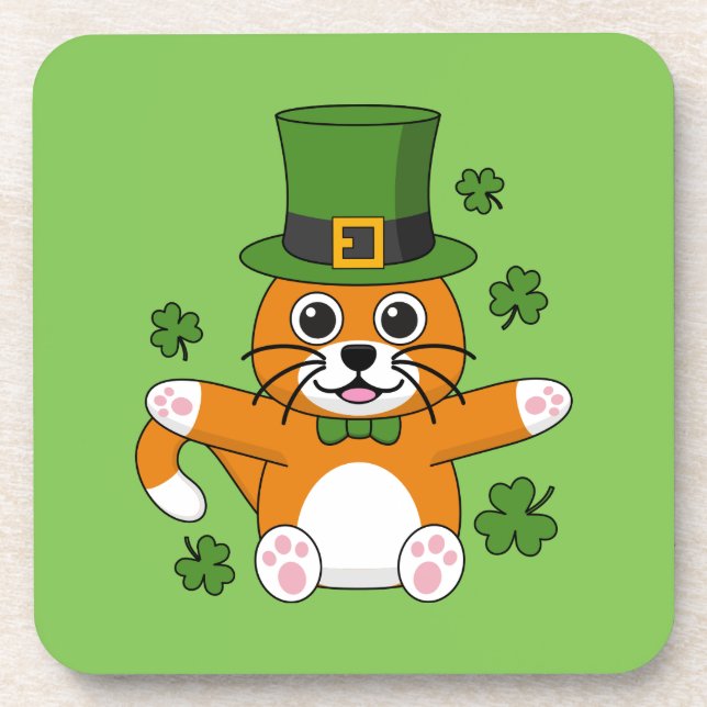 Niedliche St Patrick's Day Cat mit Kleeblättern Ca Getränkeuntersetzer (Vorderseite)