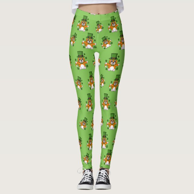 Niedliche St Patrick's Day Cat mit Kleeblättern Ca Leggings (Vorderseite)