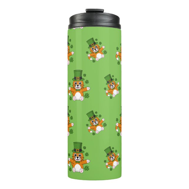 Niedliche St Patrick's Day Cat mit Kleeblättern Ca Thermosbecher (Vorderseite)