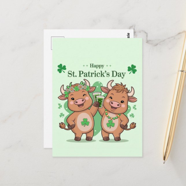 Niedliche St Patricks Day Cows Postkarte (Vorderseite/Rückseite Beispiel)