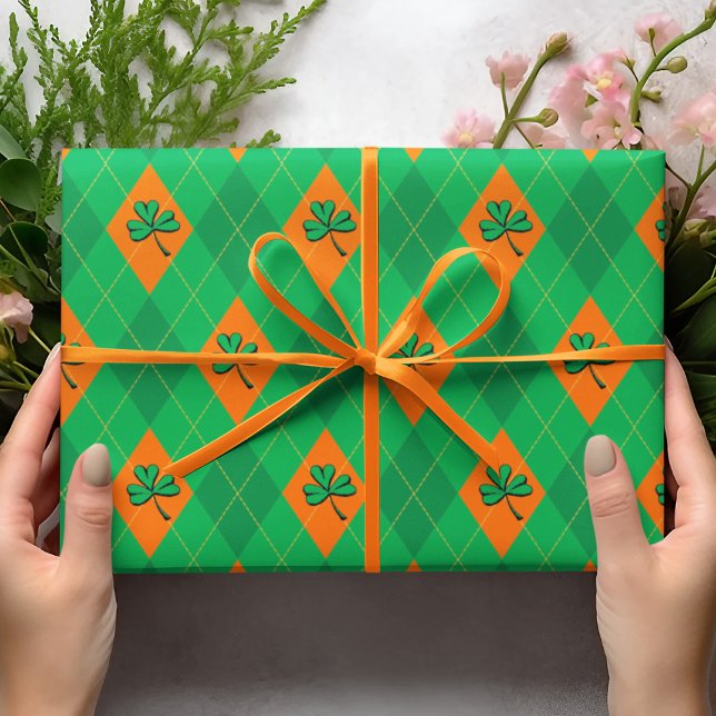 Niedliche St. Patrick's Day Green Raute Kinder Geschenkpapier (Cute St. Patrick's Day Green & Orange Argyle Kids Wrapping Paper Diamond Pattern Yellow Dotted Lines)