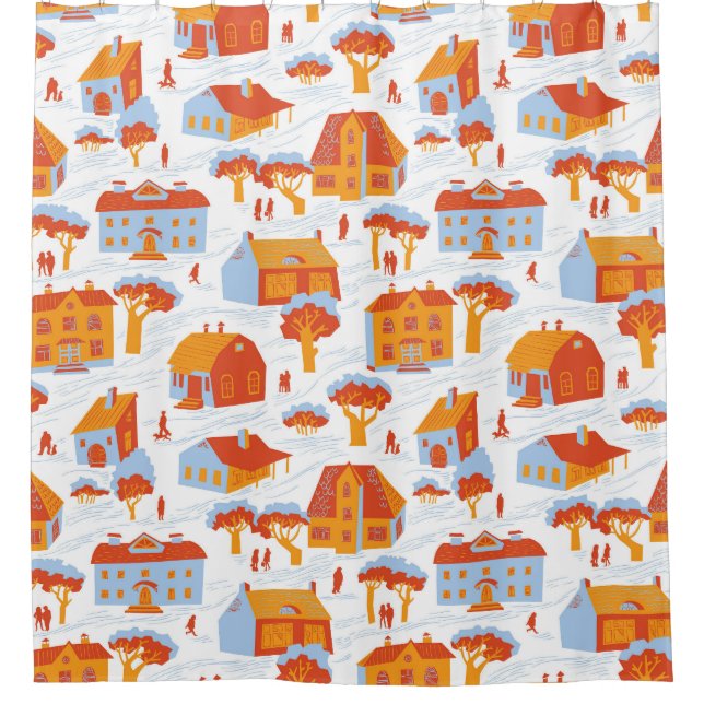 Niedliche Stadthäuser: Vintag Doodle Duschvorhang (Vorderseite)