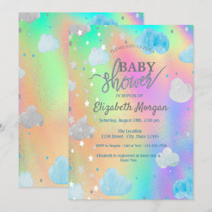 Niedliche Stars und Wolken - Regenbogen-Holografie Einladung