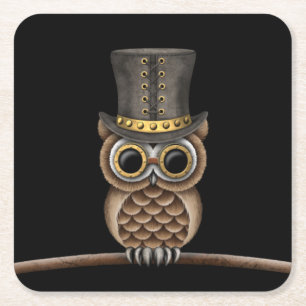 Niedliche Steampunk Eule auf einer Niederlassung Rechteckiger Pappuntersetzer