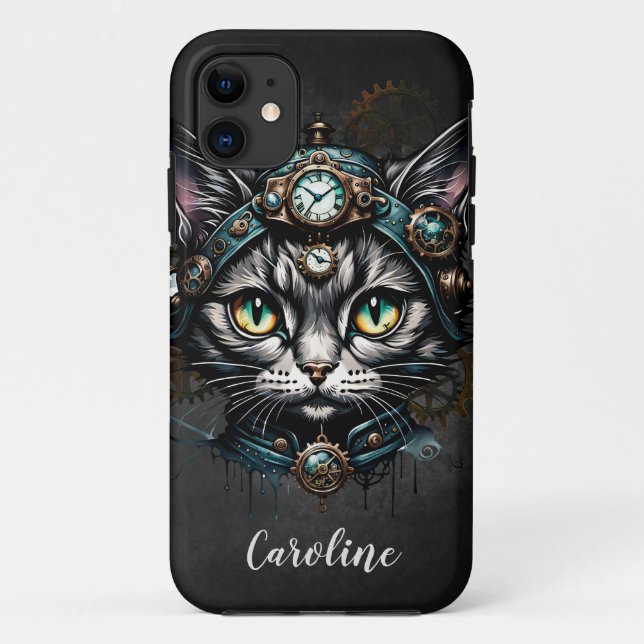 Niedliche Steampunkkatze mit Uhren und Gängen. Case-Mate iPhone Hülle (Rückseite)