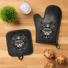 Niedliche Steampunkkatze mit Uhren und Gängen. Ofenhandschuh & Topflappen-Set