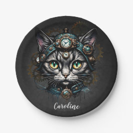 Niedliche Steampunkkatze mit Uhren und Gängen. Pappteller