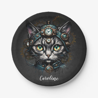 Niedliche Steampunkkatze mit Uhren und Gängen. Pappteller