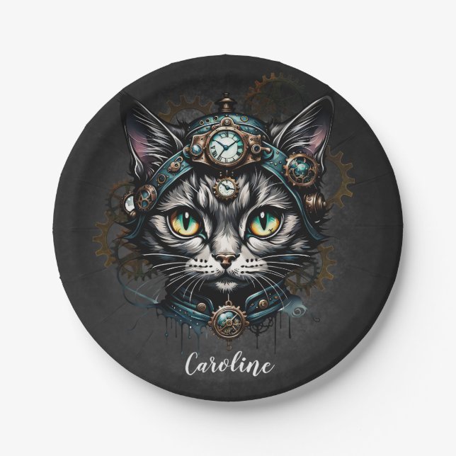 Niedliche Steampunkkatze mit Uhren und Gängen. Pappteller (Vorderseite)
