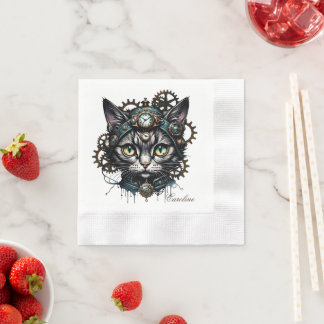 Niedliche Steampunkkatze mit Uhren und Gängen. Serviette