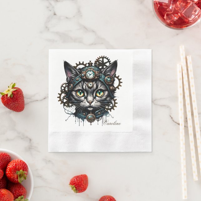 Niedliche Steampunkkatze mit Uhren und Gängen. Serviette (Beispiel)