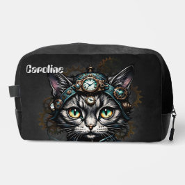 Niedliche Steampunkkatze mit Uhren und Gängen. Waschbeutel