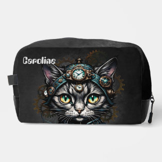 Niedliche Steampunkkatze mit Uhren und Gängen. Waschbeutel