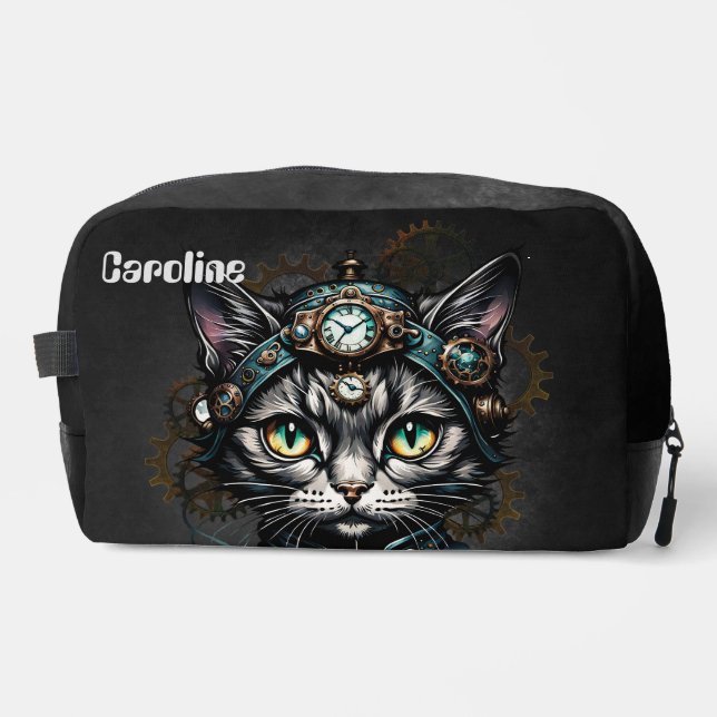 Niedliche Steampunkkatze mit Uhren und Gängen. Waschbeutel (Vorderseite)