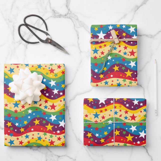 Niedliche Sterne Regenbogen Kinder Party gekachelt Geschenkpapier Set (Vorderseite)