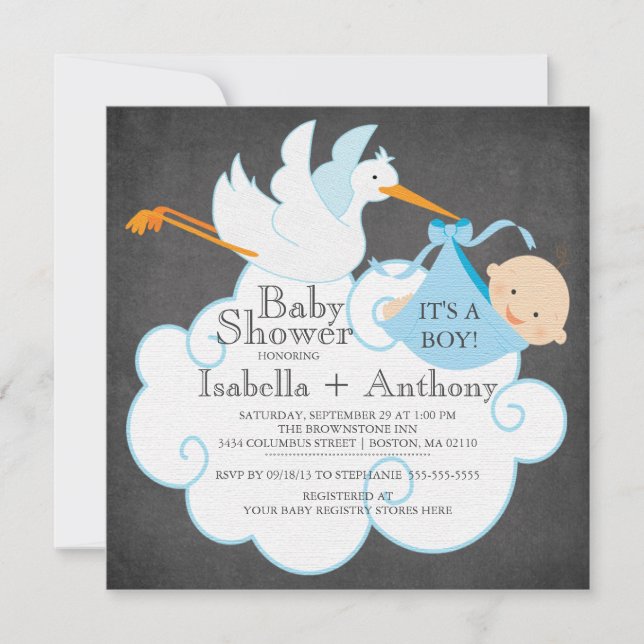 Niedliche Stork Chalkboard Boy Baby Shower Einladu Einladung (Vorderseite)