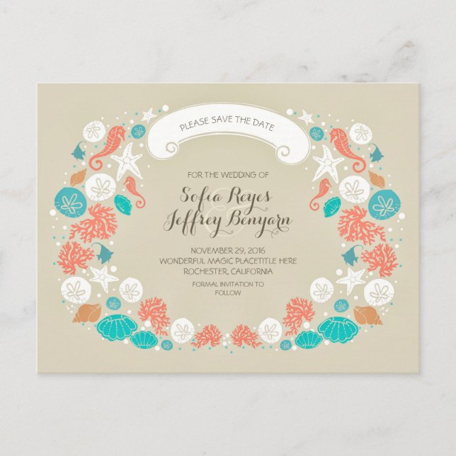 Niedliche Strandhochzeiten Save the Date Postkarte (Vorderseite)