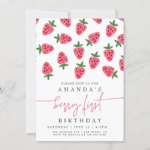 Niedliche Strawberry Girl Berry Erste Geburtstagsp Einladung
