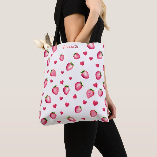 Niedliche Strawberry Hearts Berry Sweet Watercolor Tasche (Von Nahem)