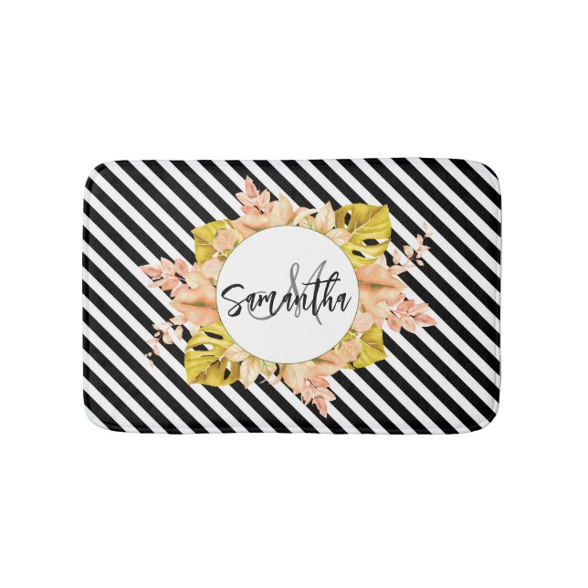 Niedliche Streifen und florale Monogramm Badematte (Vorderseite)