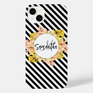 Niedliche Streifen und florale Monogramm iPhone 14 Plus Hülle
