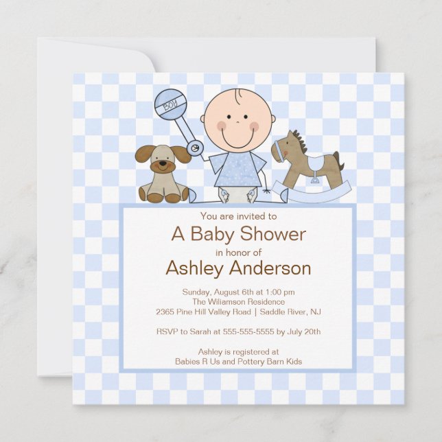 Niedliche Strichmännchen-Jungen-Baby-Dusche Einladung (Vorderseite)