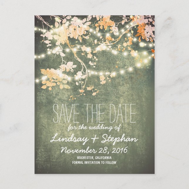 niedliche Stringleuchten rustikale Save the Date P Ankündigungspostkarte (Vorderseite)