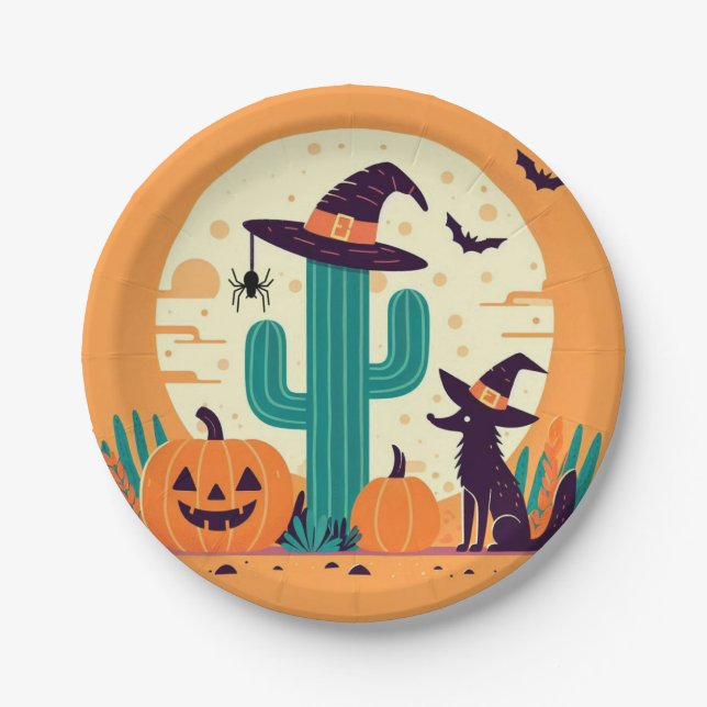 Niedliche, südwestliche Halloween-Wüste/Kakteen Pappteller (Vorderseite)