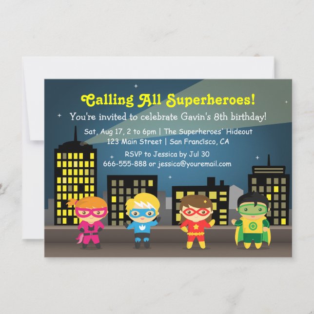 Niedliche Superheld-Kindergeburtstag-Party Einladu Einladung (Vorderseite)