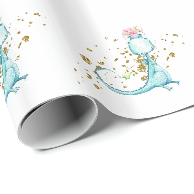 *~* Niedliche Sweet Blue Dragon Dinosaurier Blume Geschenkpapier (Rolleneckpunkt)