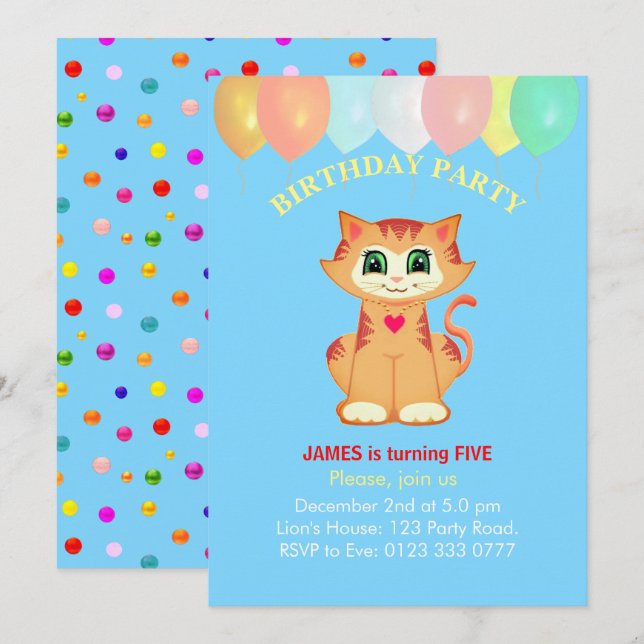 Niedliche Tabby Cat, Balloons und Confetti Geburts Einladung (Vorne/Hinten)