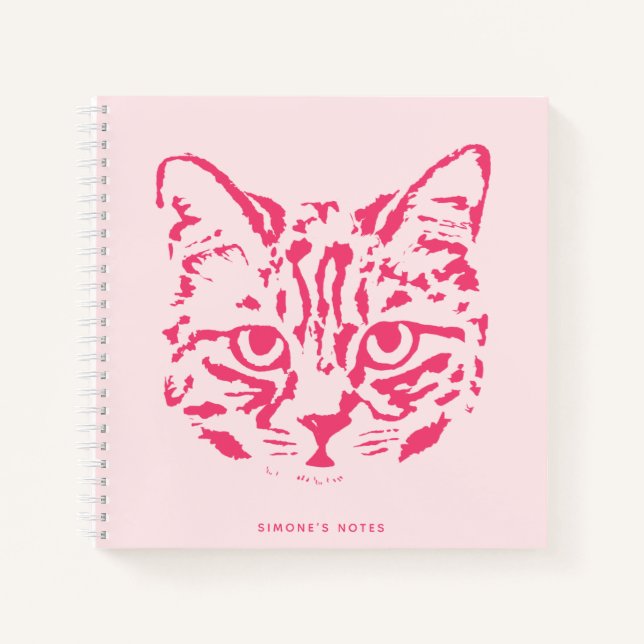 Niedliche Tabby Cat Face Rosa und Rot Notizbuch (Vorderseite)