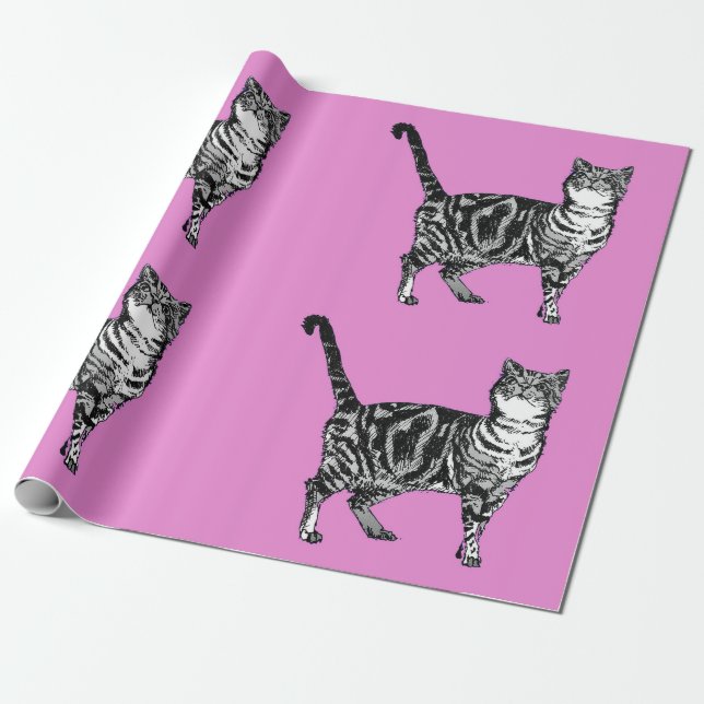 Niedliche Tabby Cat Hot Pink Kunst Geschenkpapier (Ungerollt)