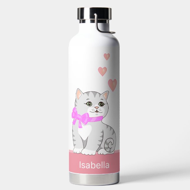 Niedliche Tabby Katze & Herz auf Rosa & Weiß Trinkflasche (links)