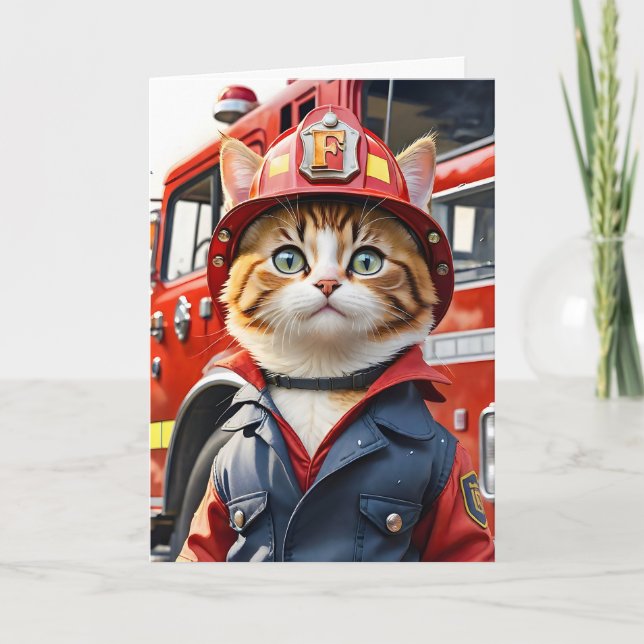 Niedliche Tabby-Katze im Firefighter Uniform Water Karte (Vorderseite)