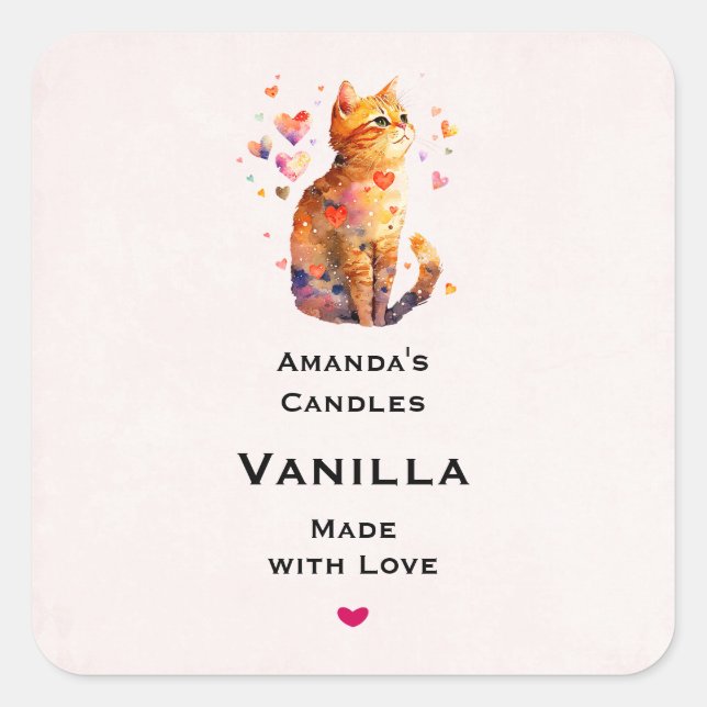 Niedliche Tabby Katze mit Herz Candle Craft Quadratischer Aufkleber (Vorderseite)