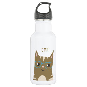 Niedliche Tabby-Katze mit Monogramm der Glas- Trinkflasche