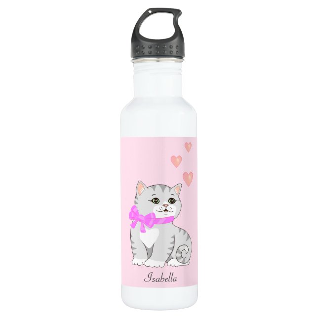Niedliche Tabby Katze und Herz auf rosa Edelstahlflasche (Vorderseite)