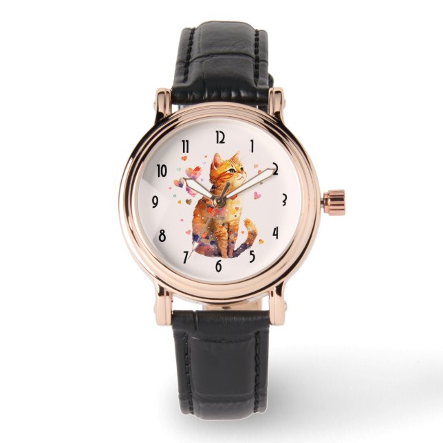 Niedliche Tablettenkatze mit Herz Armbanduhr (Vorderseite)