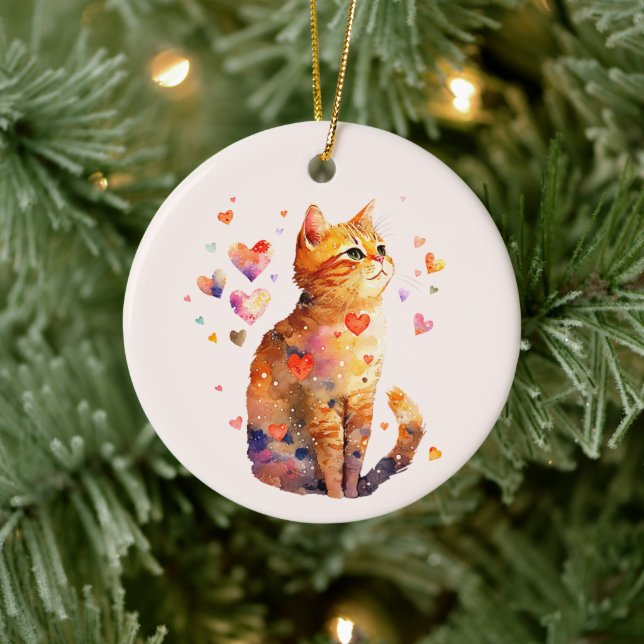 Niedliche Tablettenkatze mit Herz Keramik Ornament (Baum)