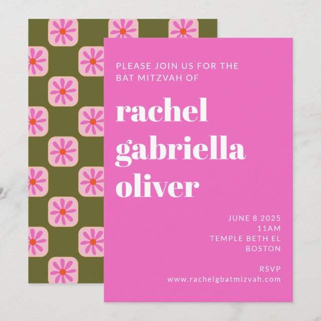 Niedliche Tafel Blume Grün rosa Bat Mitzvah Einladung (Vorne/Hinten)