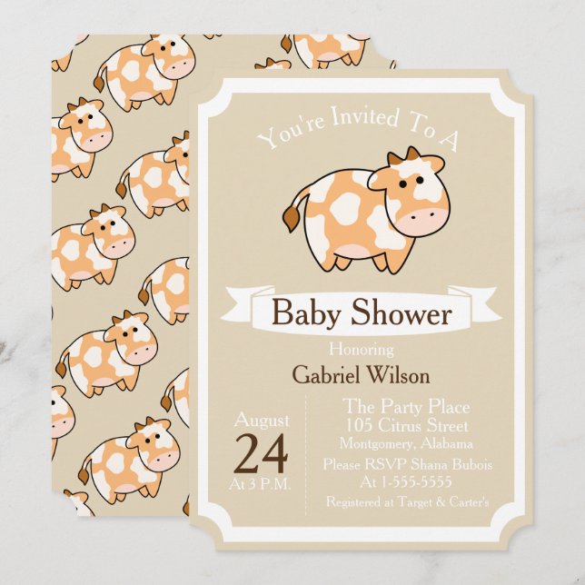 Niedliche Tan Kuh Calf & White Ribbon Babydusche Einladung (Vorne/Hinten)